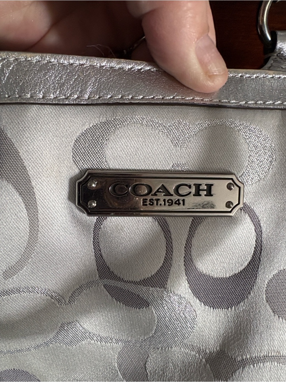 Beautiful Coach Silver and Light Gray Signature Tote with Metallic Trim - Picture 2 of 9